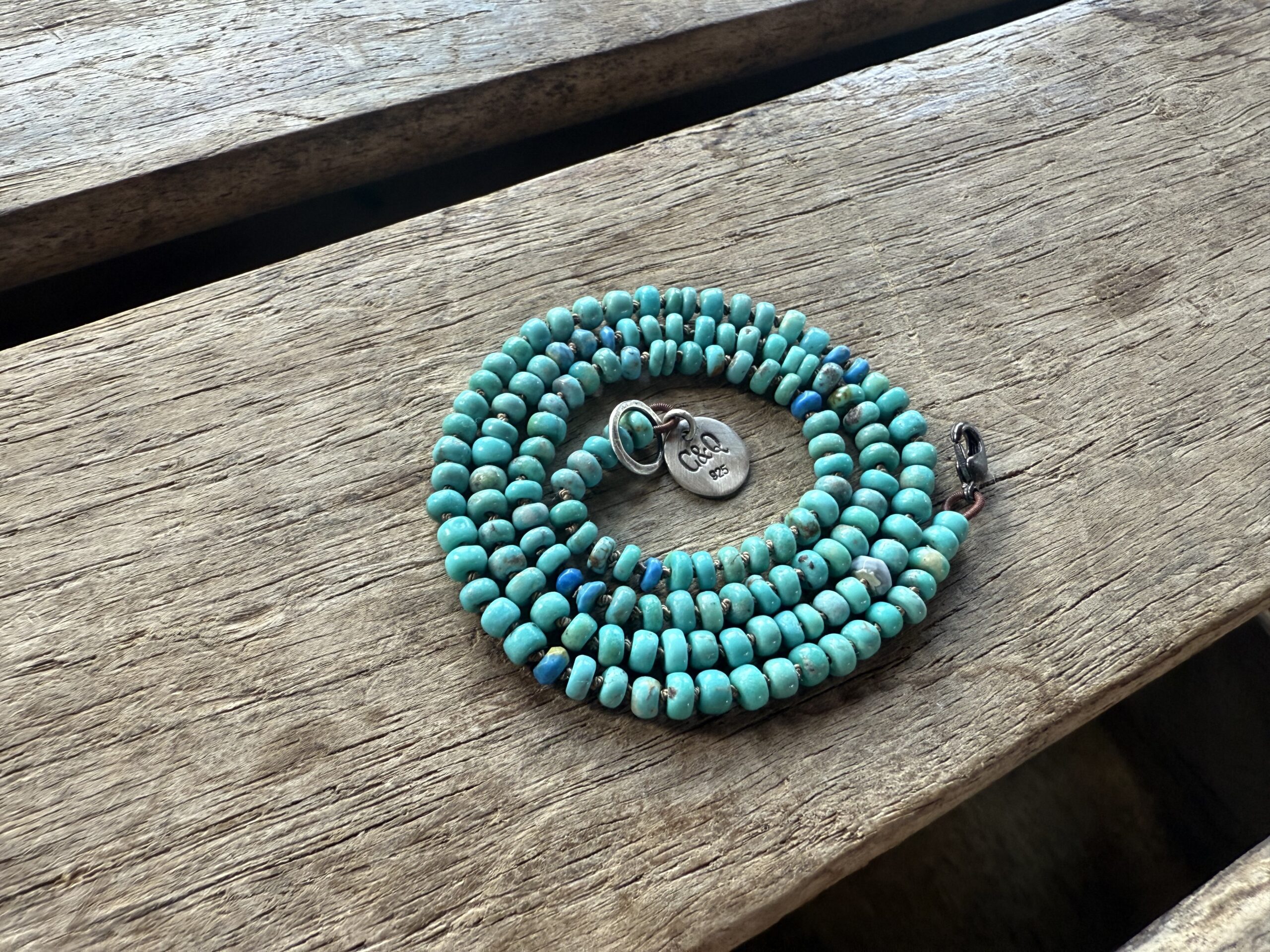 Kingman Turquoise + Cerulite Hand Knotted Necklace 18″ – Color and