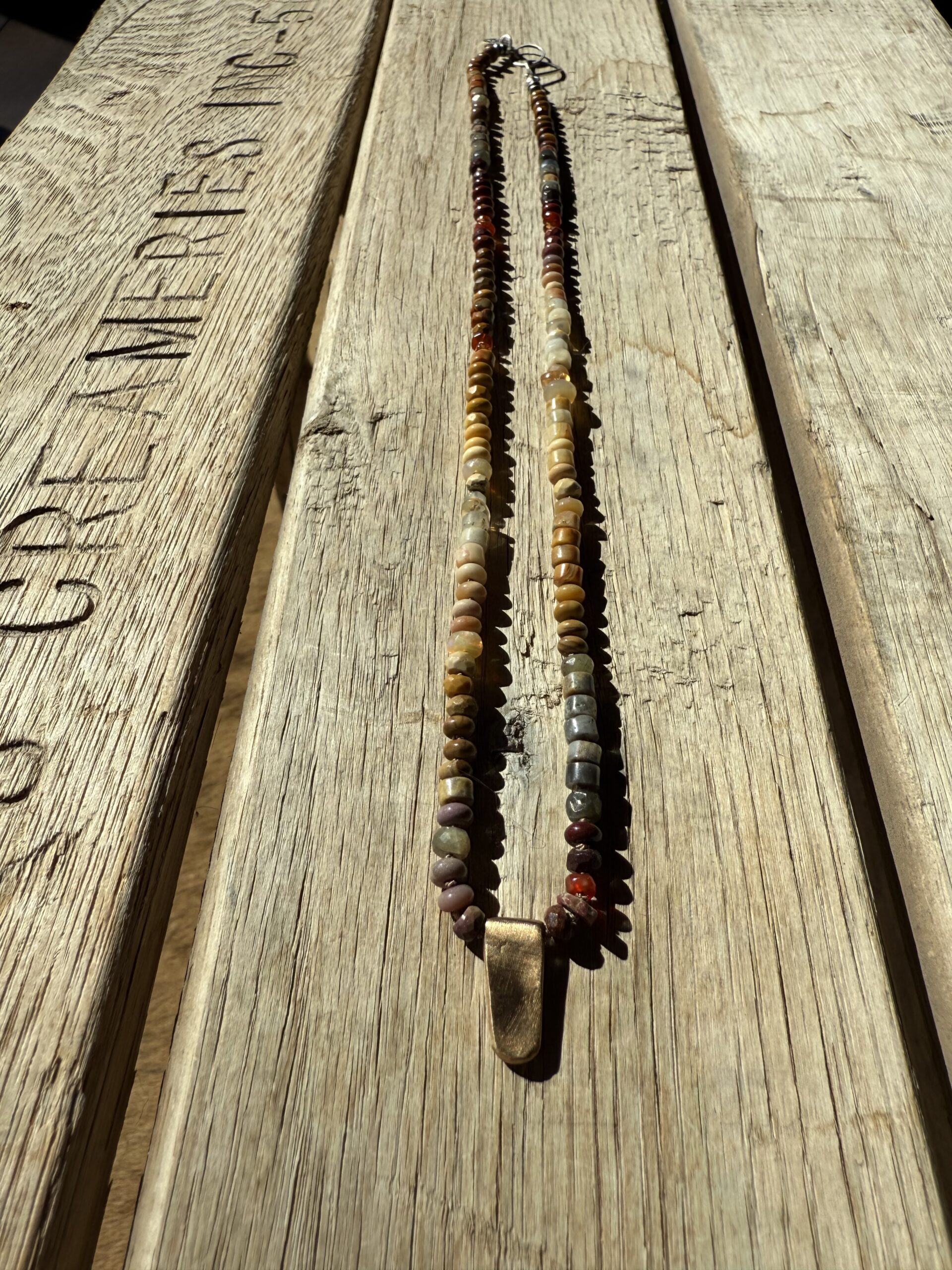 4mm Jasper + Sapphire + Fire Opal + Brass pendant Hand Knotted