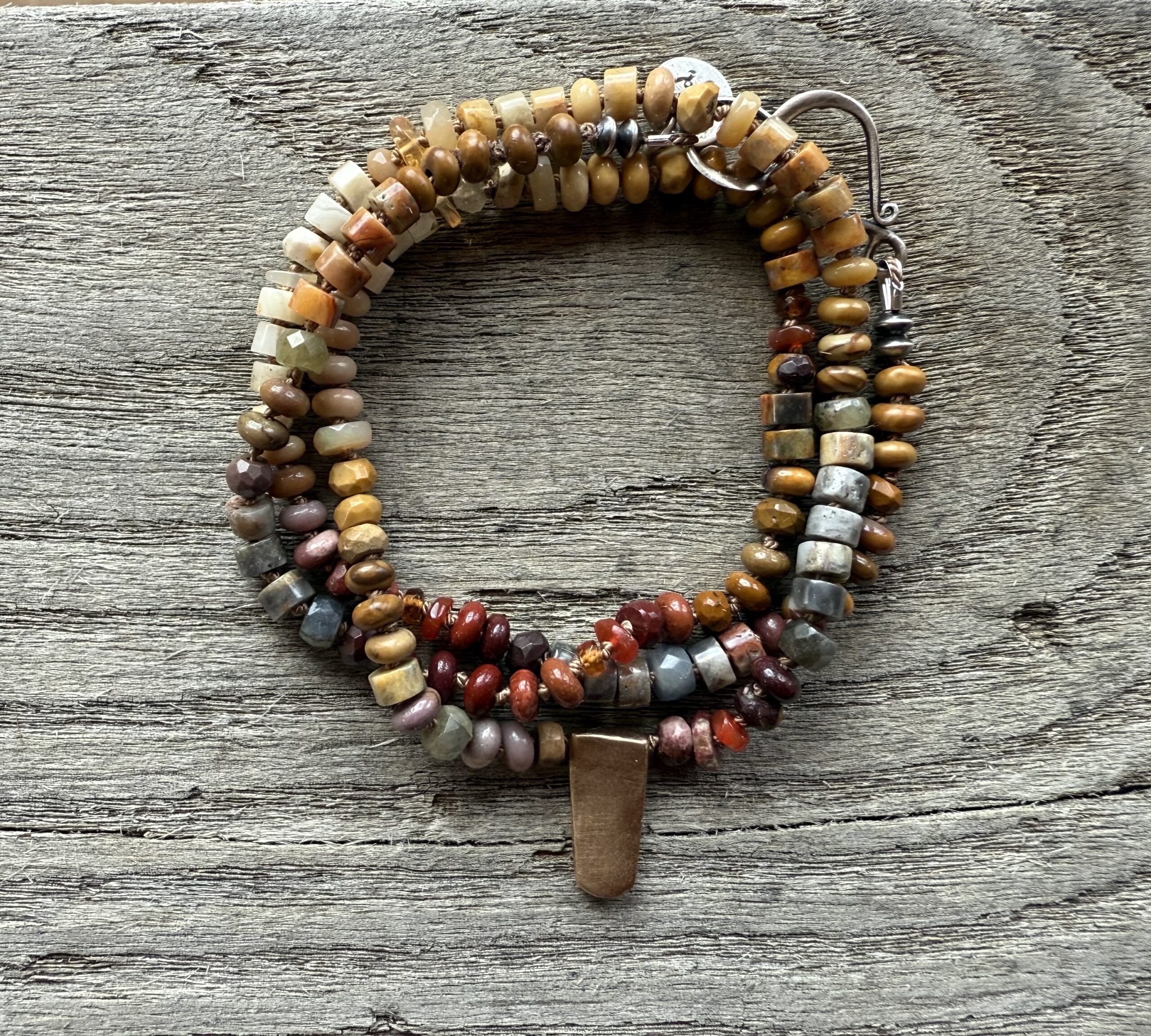 4mm Jasper + Sapphire + Fire Opal + Brass pendant Hand Knotted
