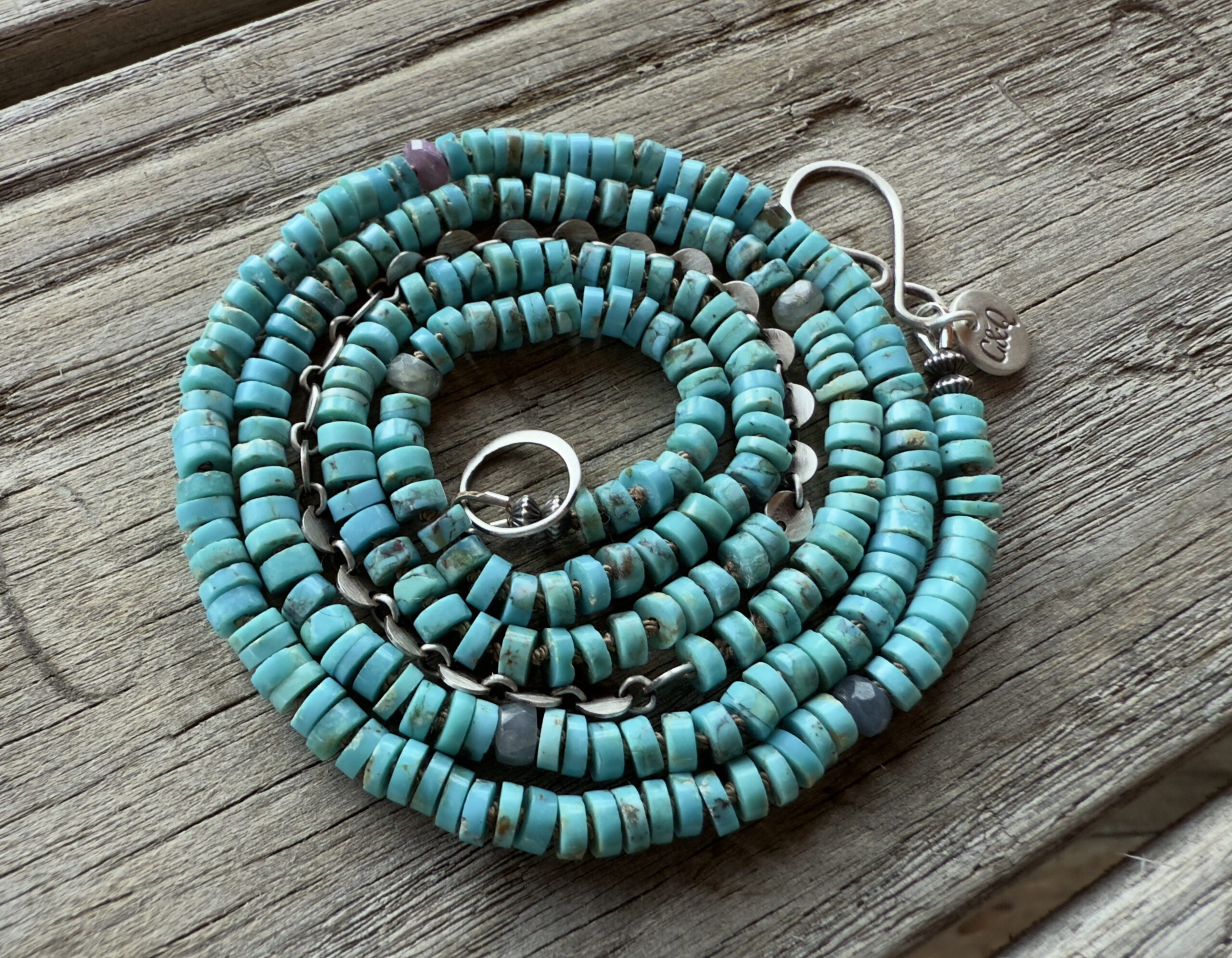 3mm Kingman Turquoise + Sapphire + Sterling Silver Disk Hand Knotted Necklace 29" - Image 3