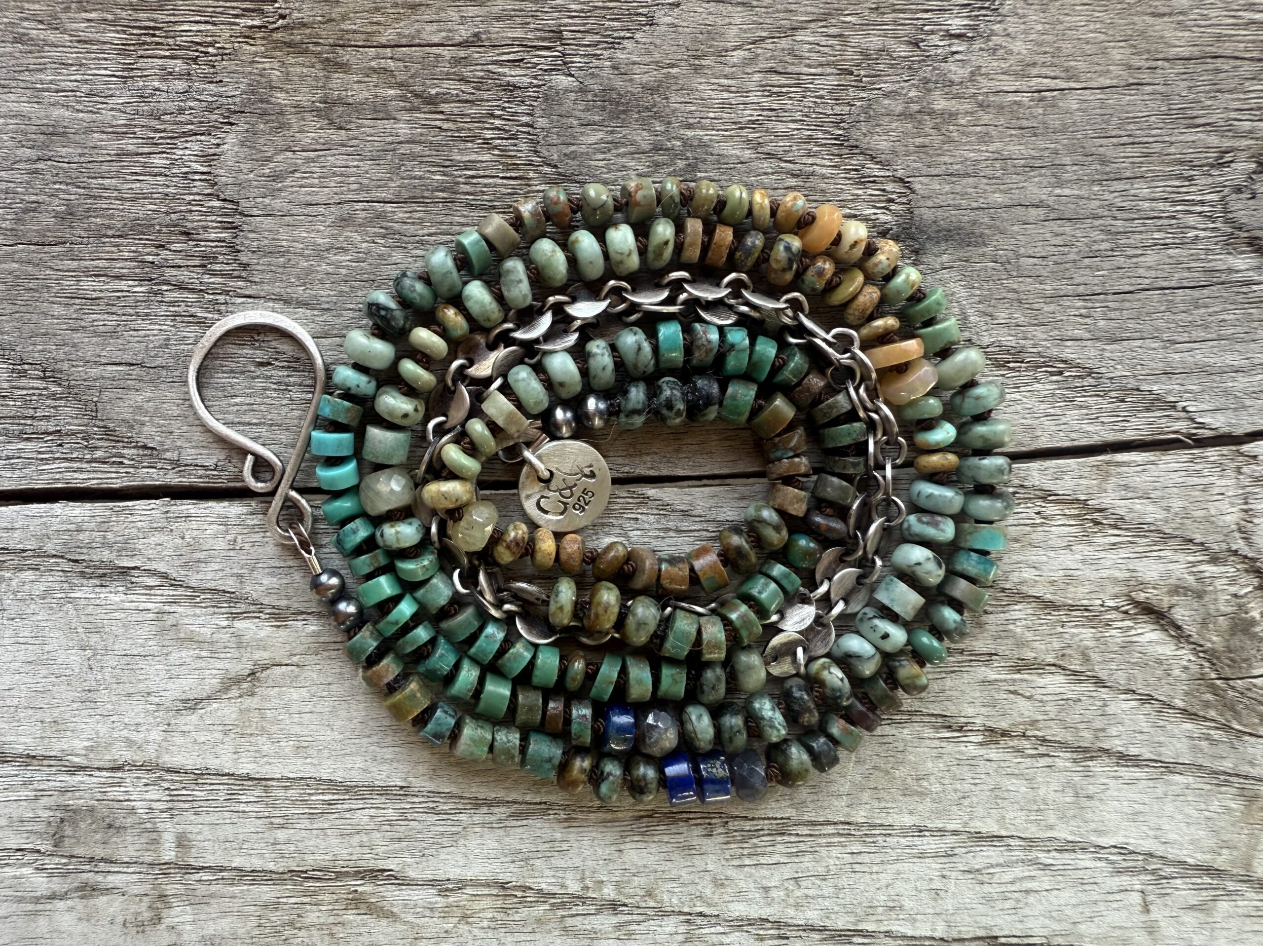 3mm Kingman Turquoise + Sapphire + Lapis Sterling Silver Disk Hand Knotted Necklace 30" - Image 2