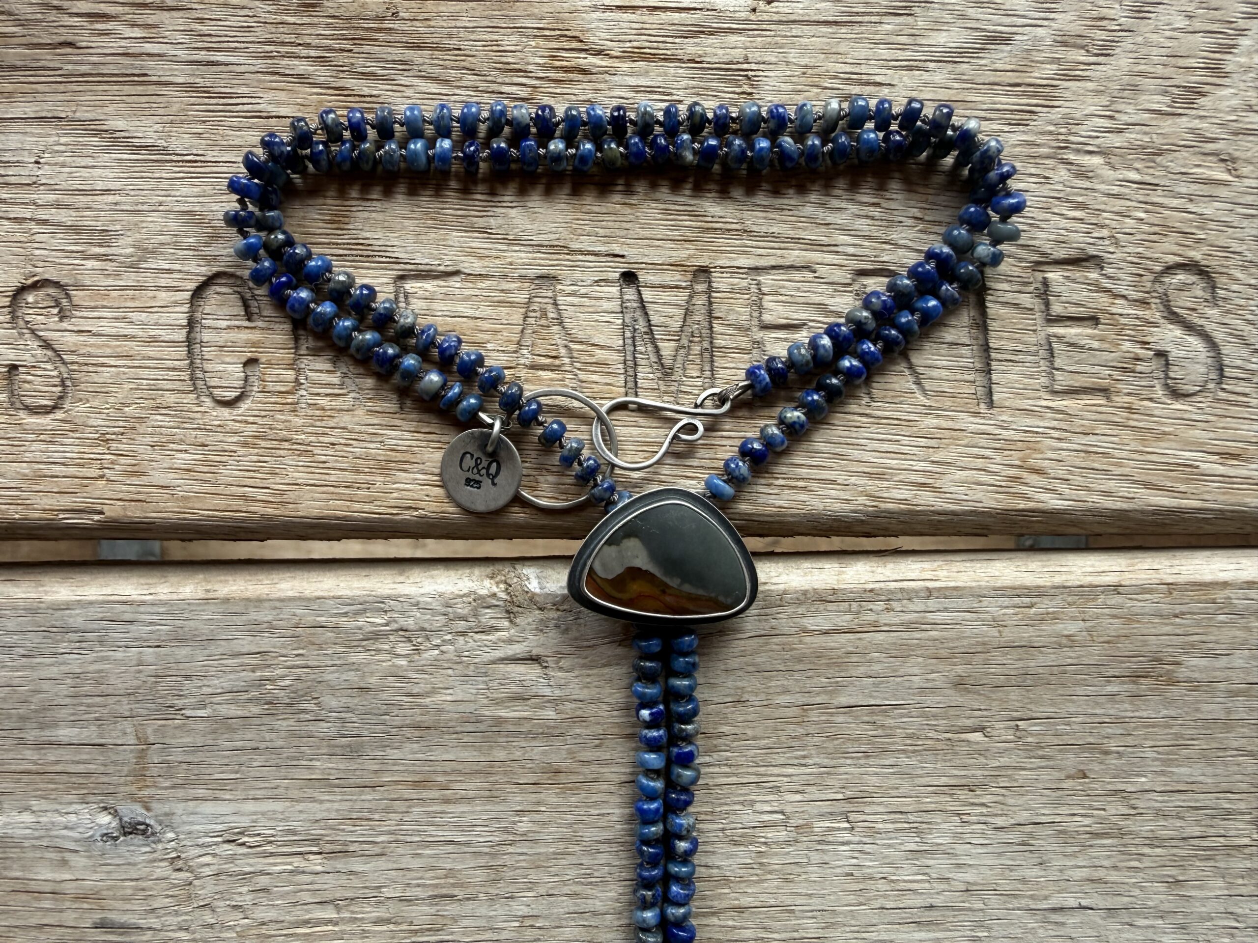 4mm Lapis silk knotted necklace with a Polychrome Jasper bolo - 19" opening with 6" of fringe - Image 6