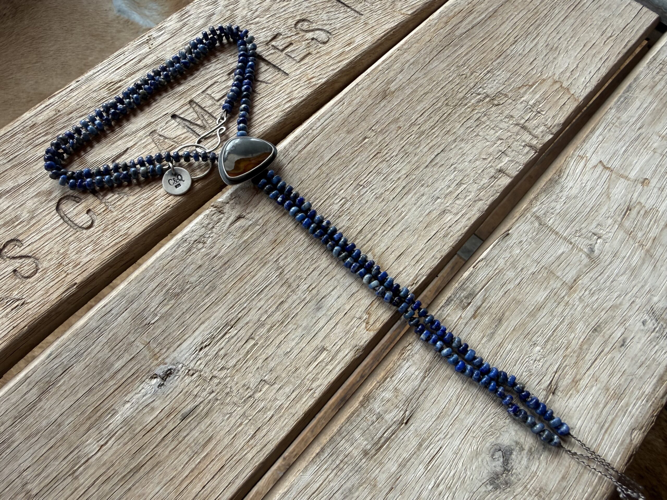 4mm Lapis silk knotted necklace with a Polychrome Jasper bolo - 19" opening with 6" of fringe - Image 7