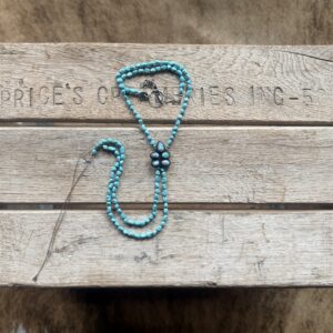 4-6mm Sleeping Beauty Turquoise silk knotted necklace with a flower Gold Hill Turquoise bolo - 16 - 17.5" opening with 8.5" of fringe