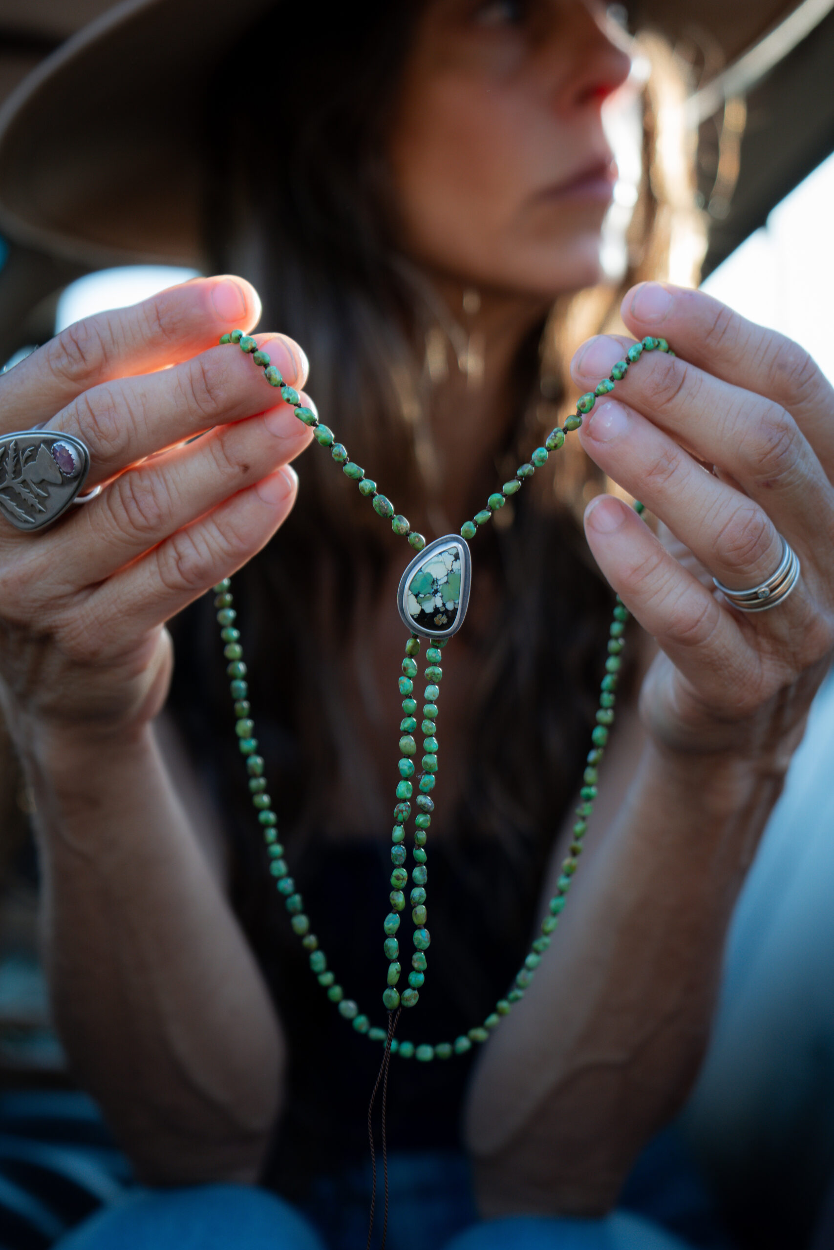 3-4mm Cielo Turquoise silk knotted necklace with a Bamboo Mtn. Turquoise bolo - 25" opening with 3.5" of fringe - Image 2