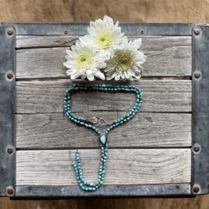 4-5mm Sonoran Gold Turquoise silk knotted necklace with a Old Evans Turquoise bolo - 23" opening with 5.5" of fringe
