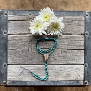 3-4mm Sonoran Gold Turquoise silk knotted necklace with a Royston Ribbon Turquoise bolo - 23" opening with 5" of fringe
