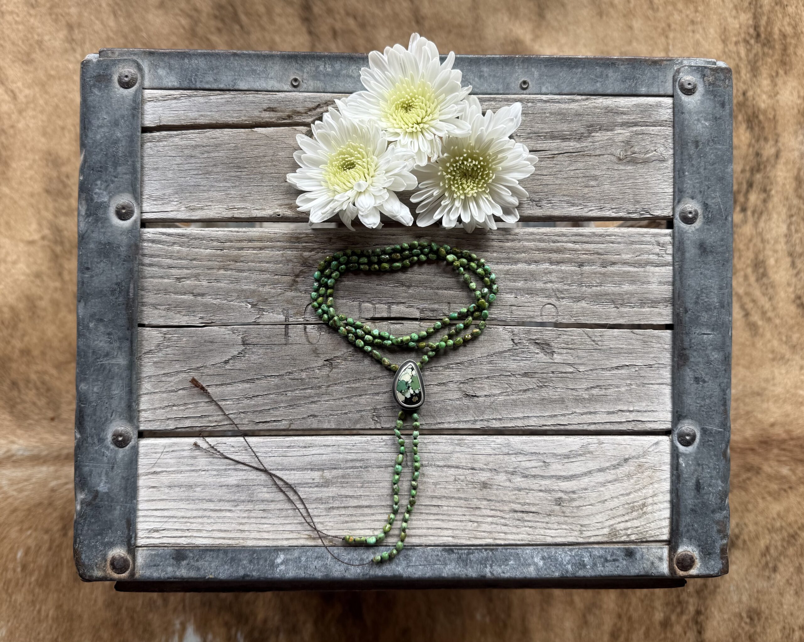 3-4mm Cielo Turquoise silk knotted necklace with a Bamboo Mtn. Turquoise bolo - 25" opening with 3.5" of fringe