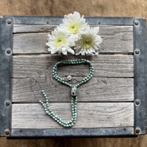 4-5mm minty green Turquoise silk knotted necklace with a Bamboo Mtn. Turquoise bolo - 17" opening with 6.5" of fringe