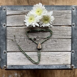 3-4mm green Turquoise silk knotted necklace with a Royston Ribbon Turquoise bolo - 20" opening with 6.5" of fringe
