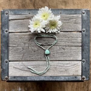 3-4mm Paloma Variscite silk knotted necklace with a Angel Wing Variscite bolo - 16" opening with 5.5" of fringe
