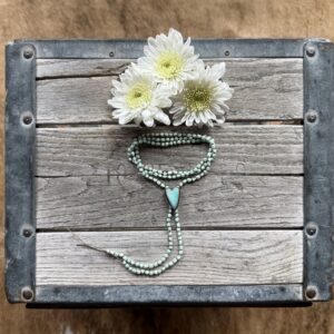 3-4mm Paloma Variscite silk knotted necklace with a Royston Turquoise bolo - 24" opening with 5" of fringe