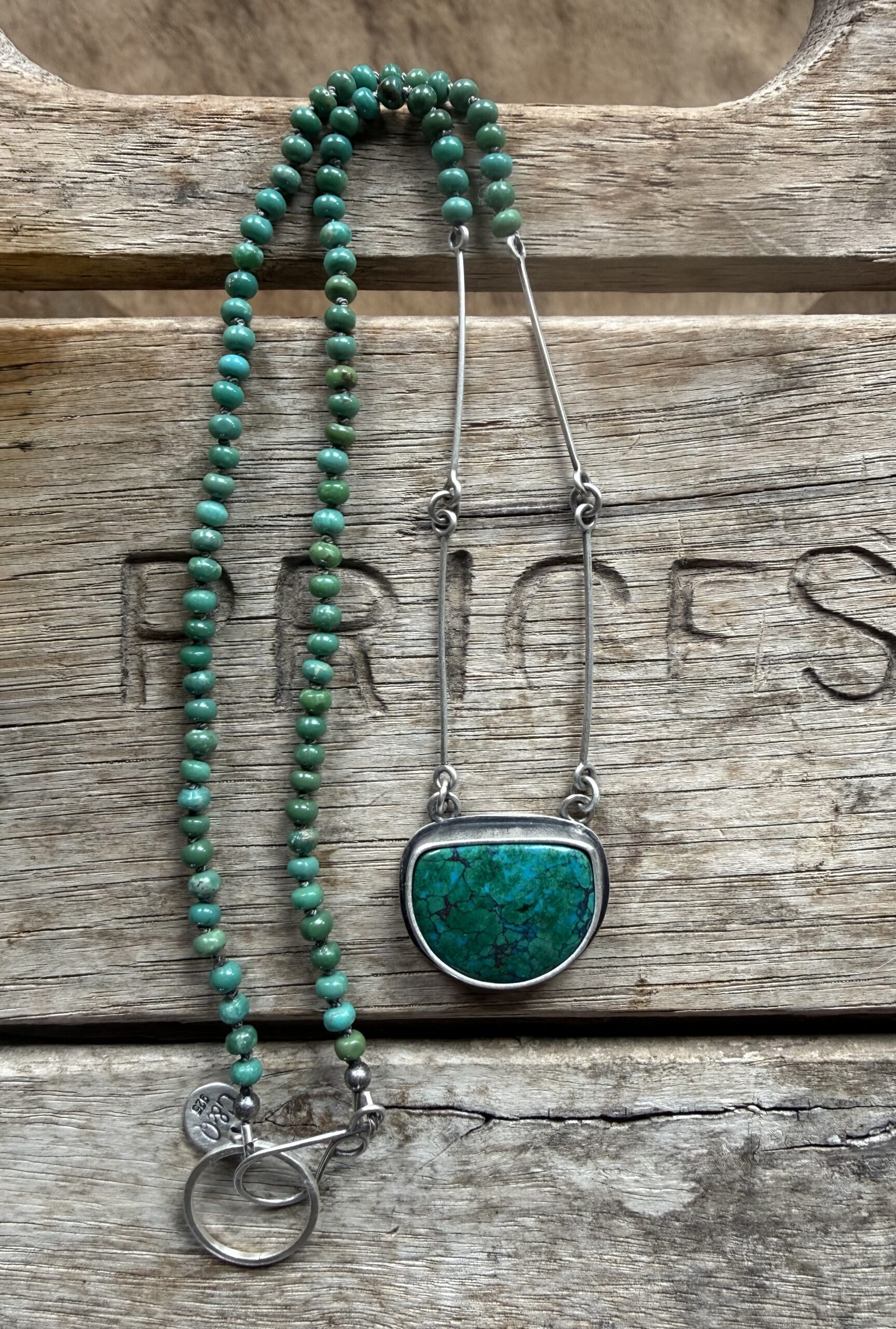 2mm Turquoise Hand Knotted Necklace with a Chilean Webbed Chrysocolla Pendant- 20" - Image 3