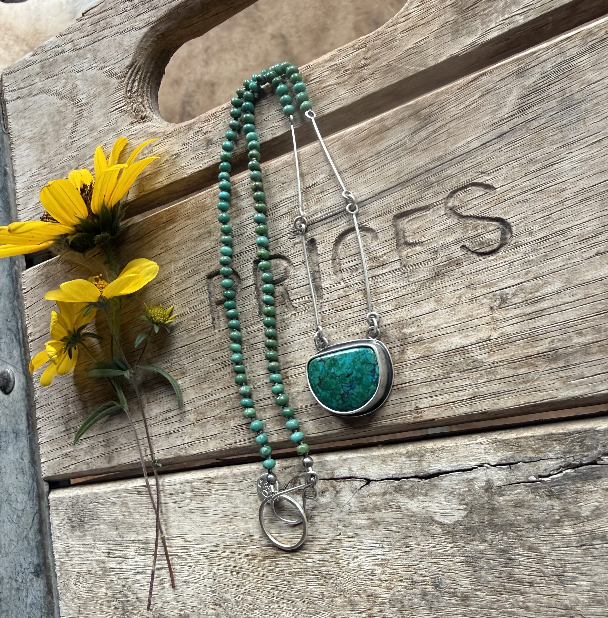 2mm Turquoise Hand Knotted Necklace with a Chilean Webbed Chrysocolla Pendant- 20" - Image 4