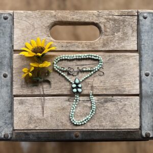 4-5mm Paloma Variscite silk knotted necklace with a sunflower Paloma bolo - 17" opening with 6" of fringe