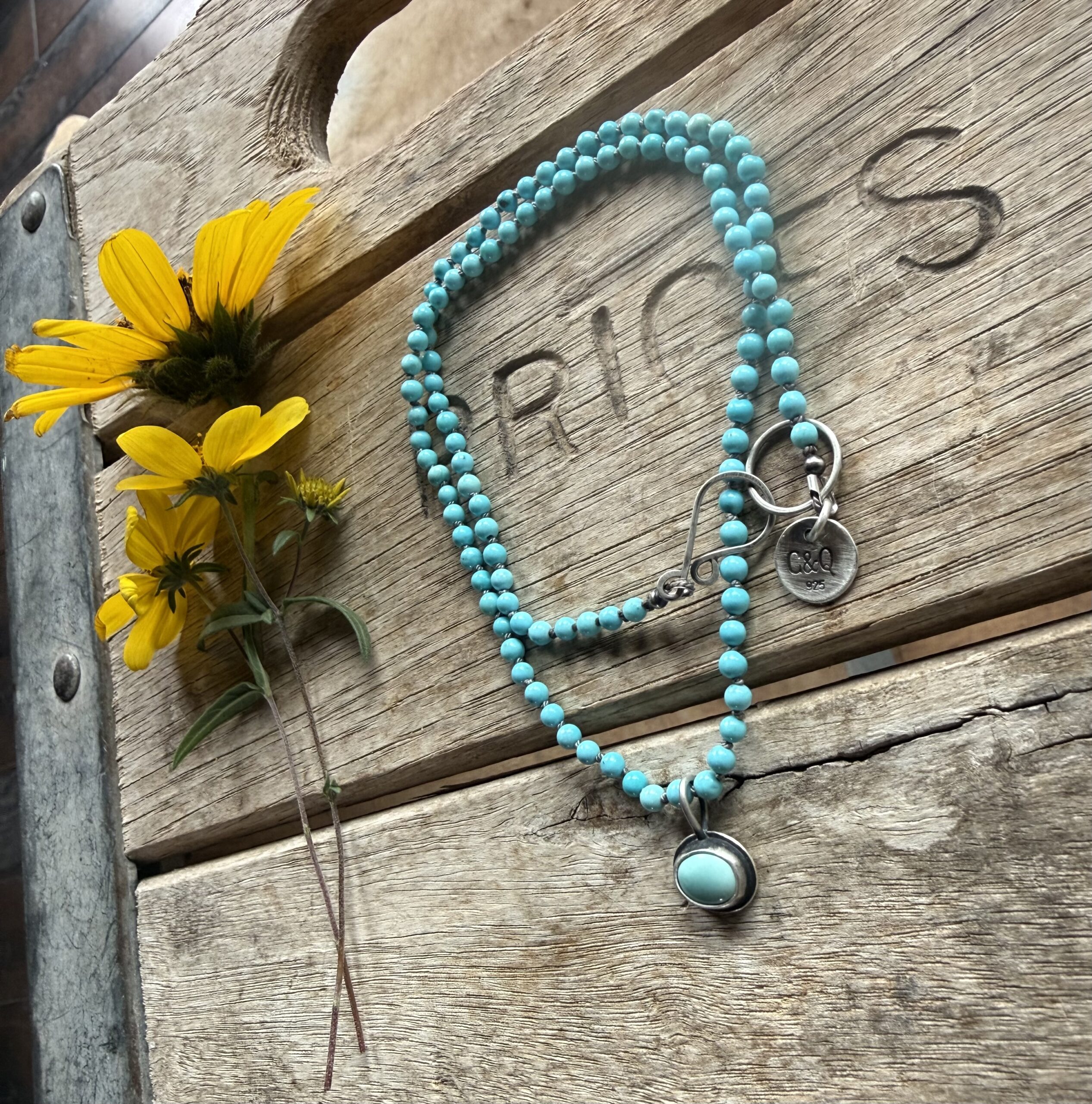 2-3mm Turquoise silk knotted necklace with a Turquoise pendant- 18" - Image 4