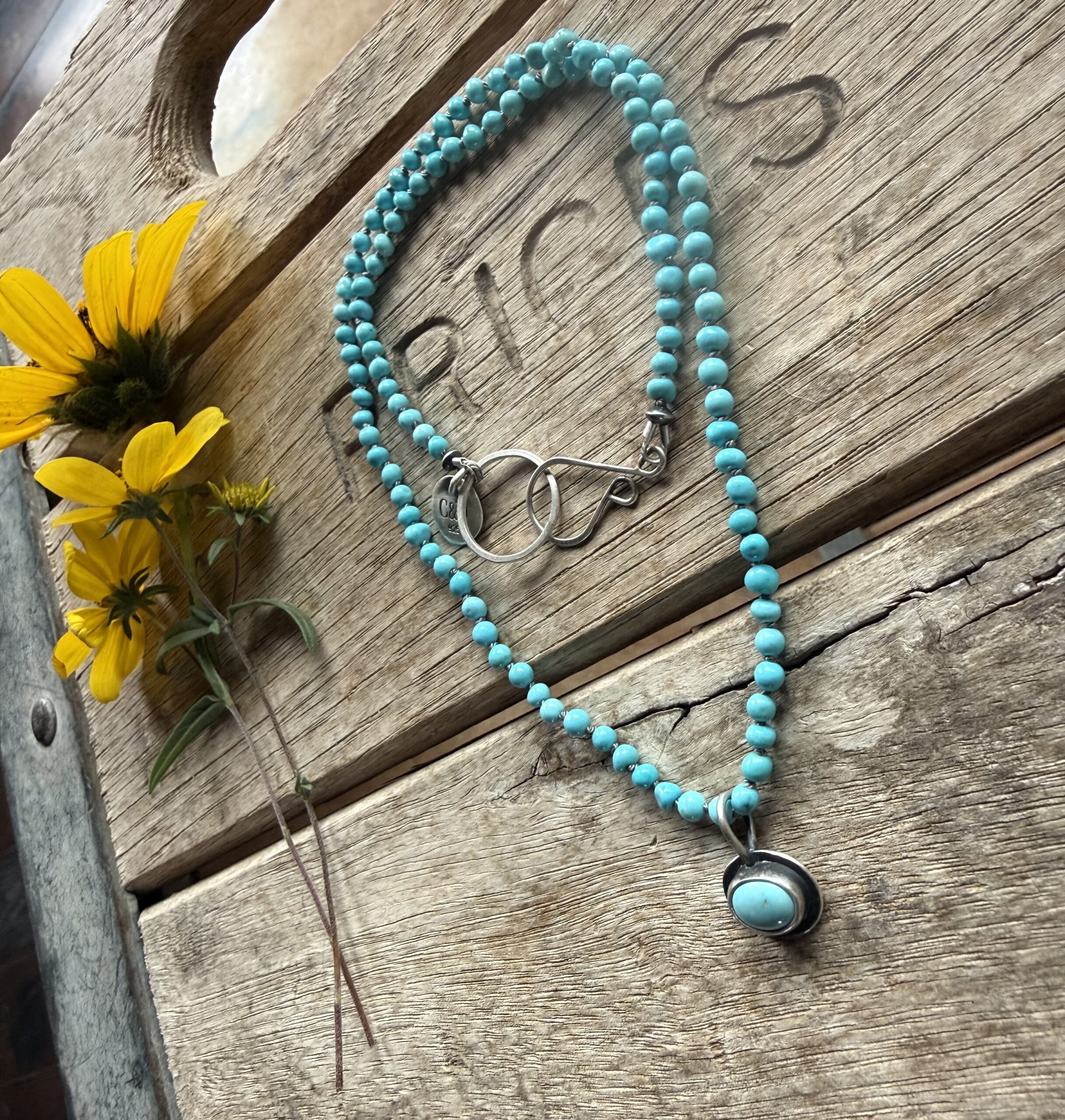 2-3mm Turquoise silk knotted necklace with a Turquoise pendant- 17" - Image 4