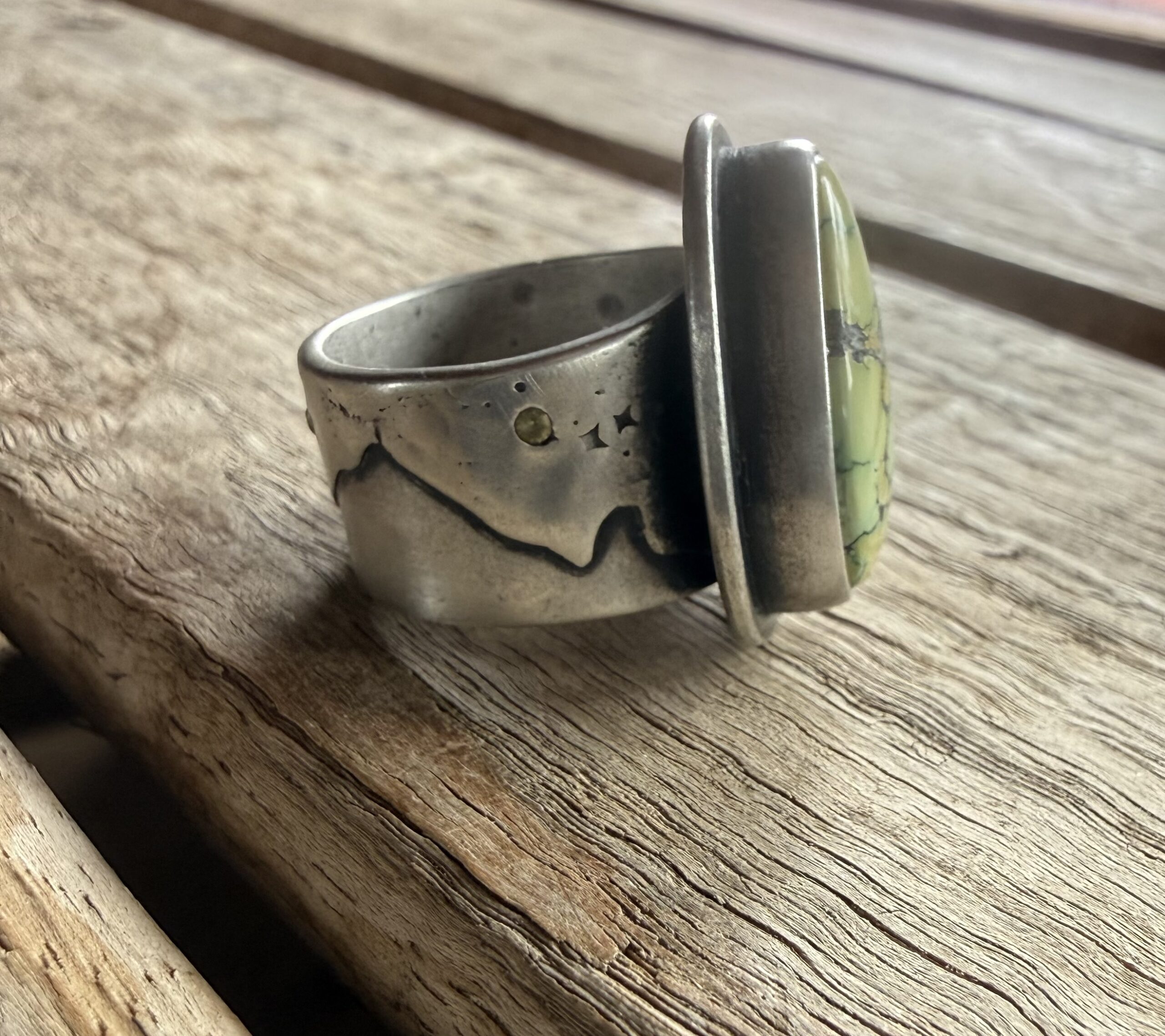 Nevada Blue Moon Turquoise and Sapphire Silver Ring with a Mount Sneffels Star Band - size 7 3/4 - Image 7