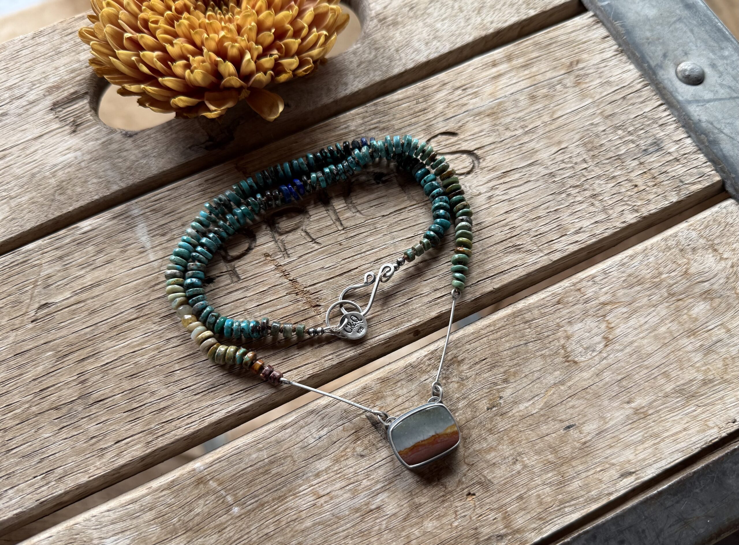 5-6mm Ombre Turquoise Hand Knotted Necklace with a Polychrome Jasper Pendant- 20" - Image 5