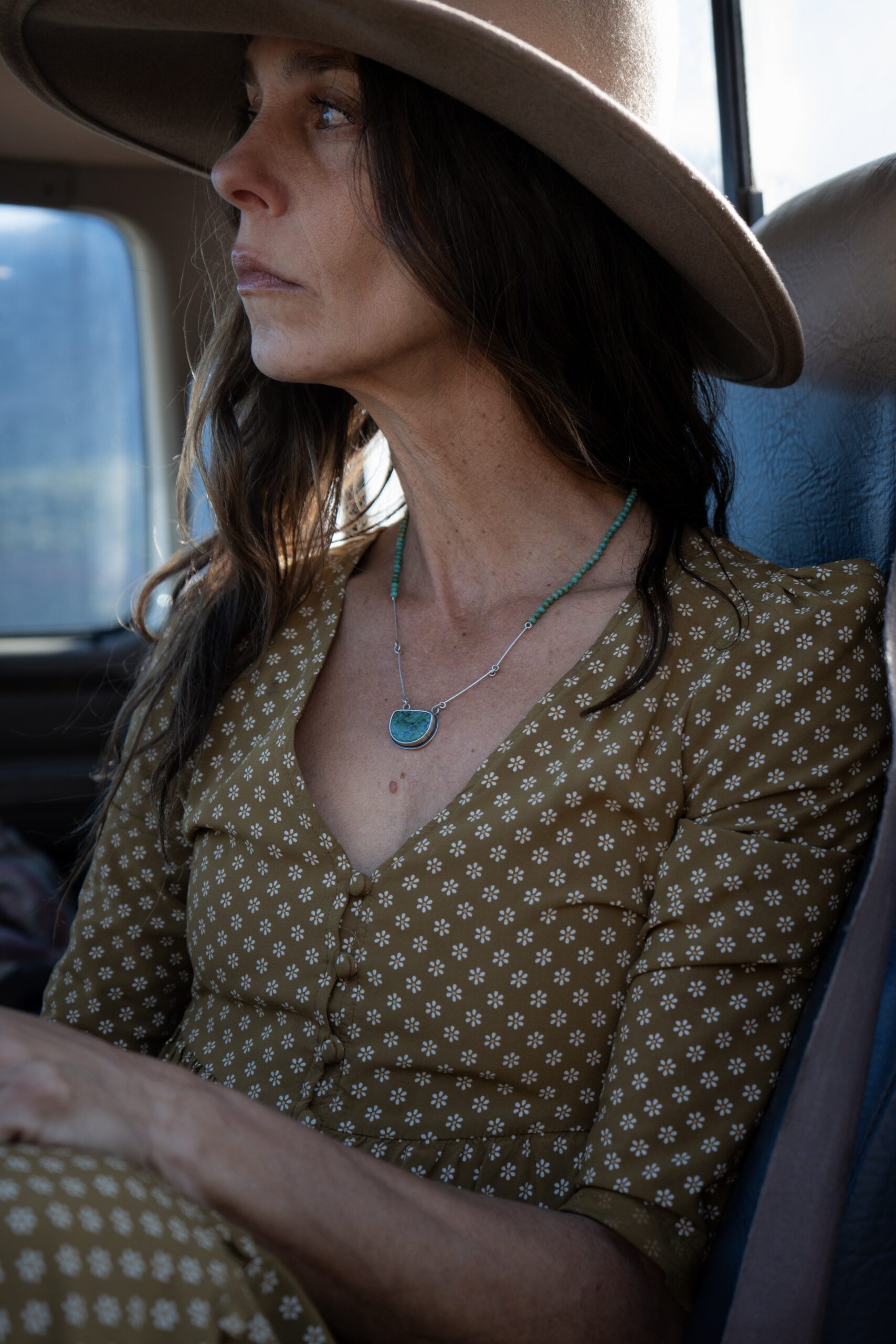 2mm Turquoise Hand Knotted Necklace with a Chilean Webbed Chrysocolla Pendant- 20" - Image 2