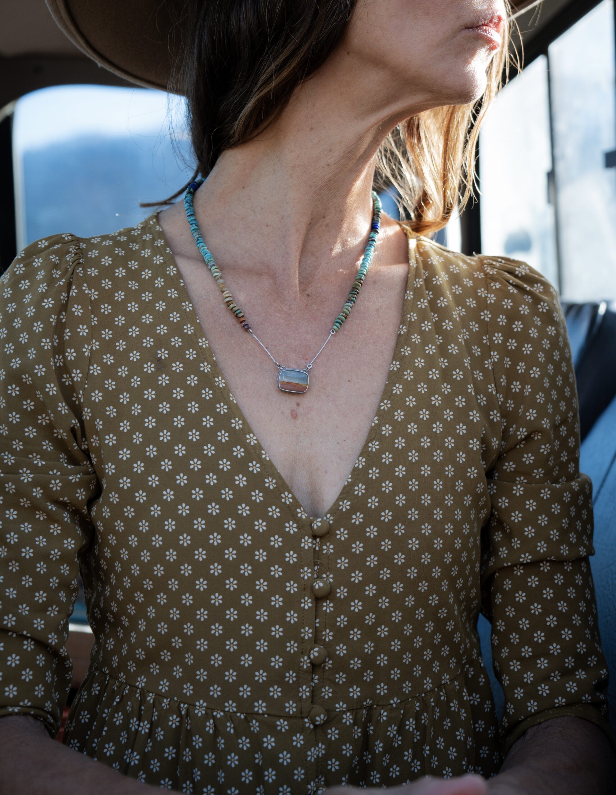 5-6mm Ombre Turquoise Hand Knotted Necklace with a Polychrome Jasper Pendant- 20" - Image 3