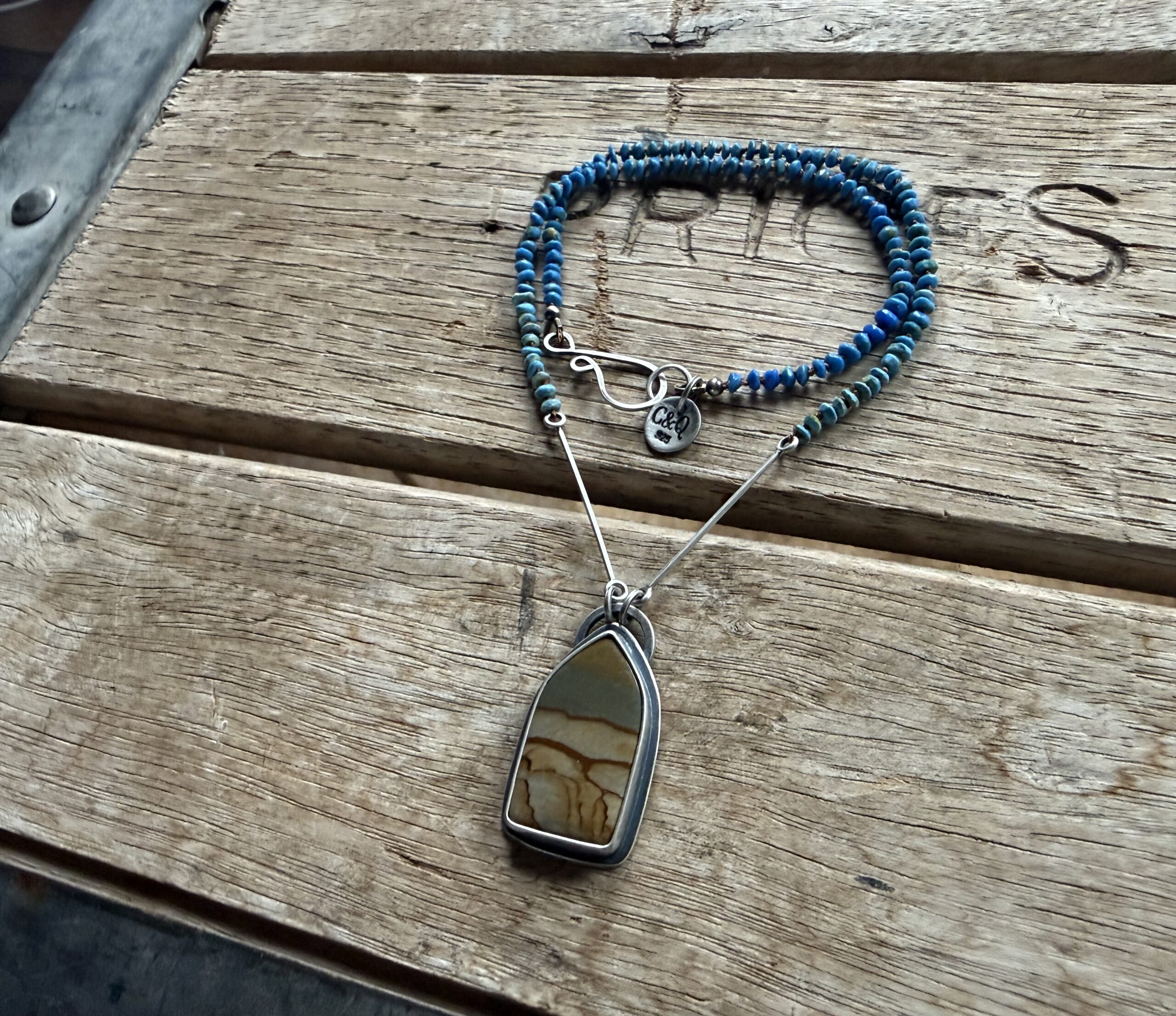 2mm Ceruleite Hand Knotted Necklace with a Landscape Jasper Pendant- 18" - Image 4