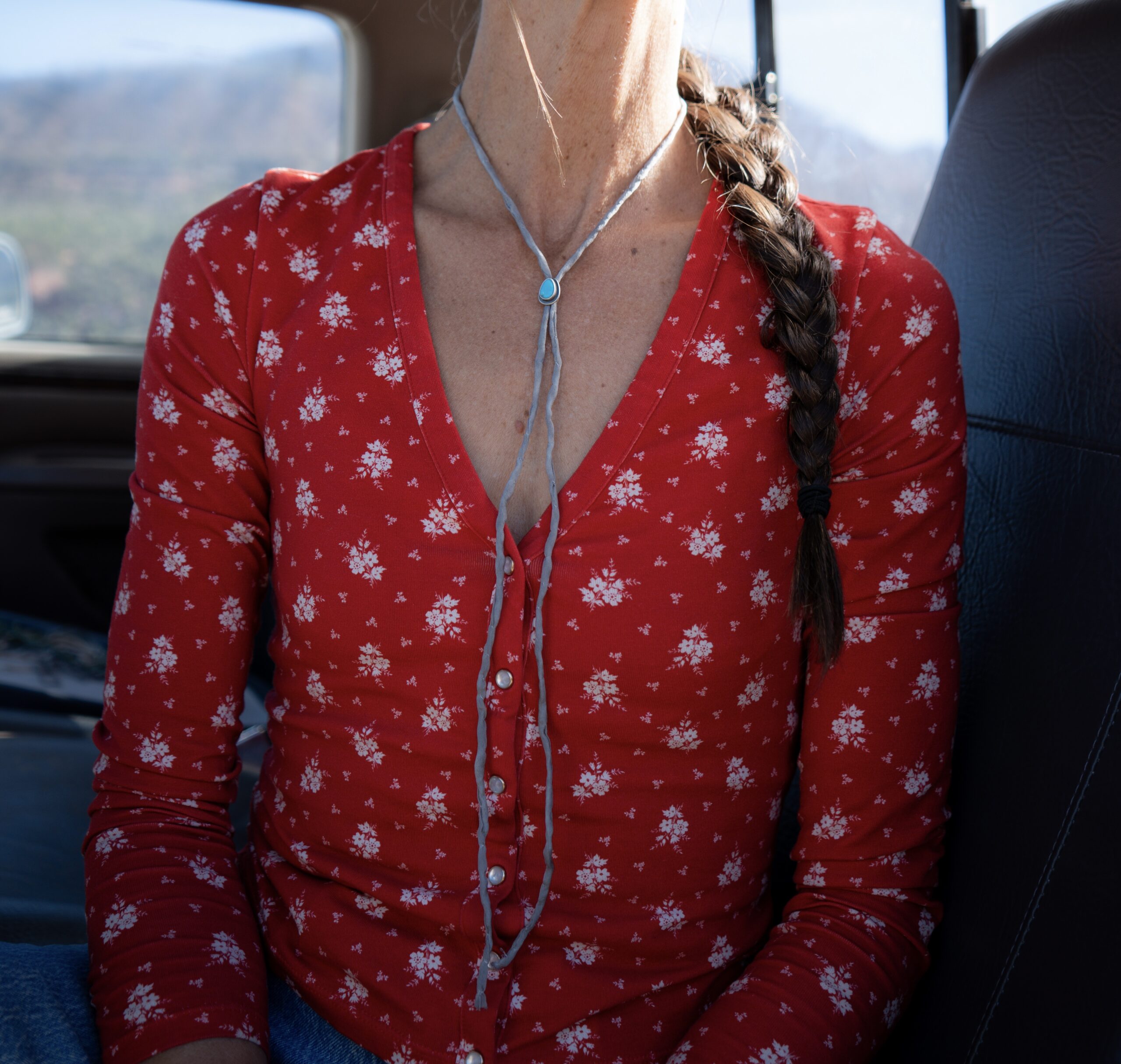 Lone Mountain Turquoise Bolo on a Gray Silk Cord - Image 4