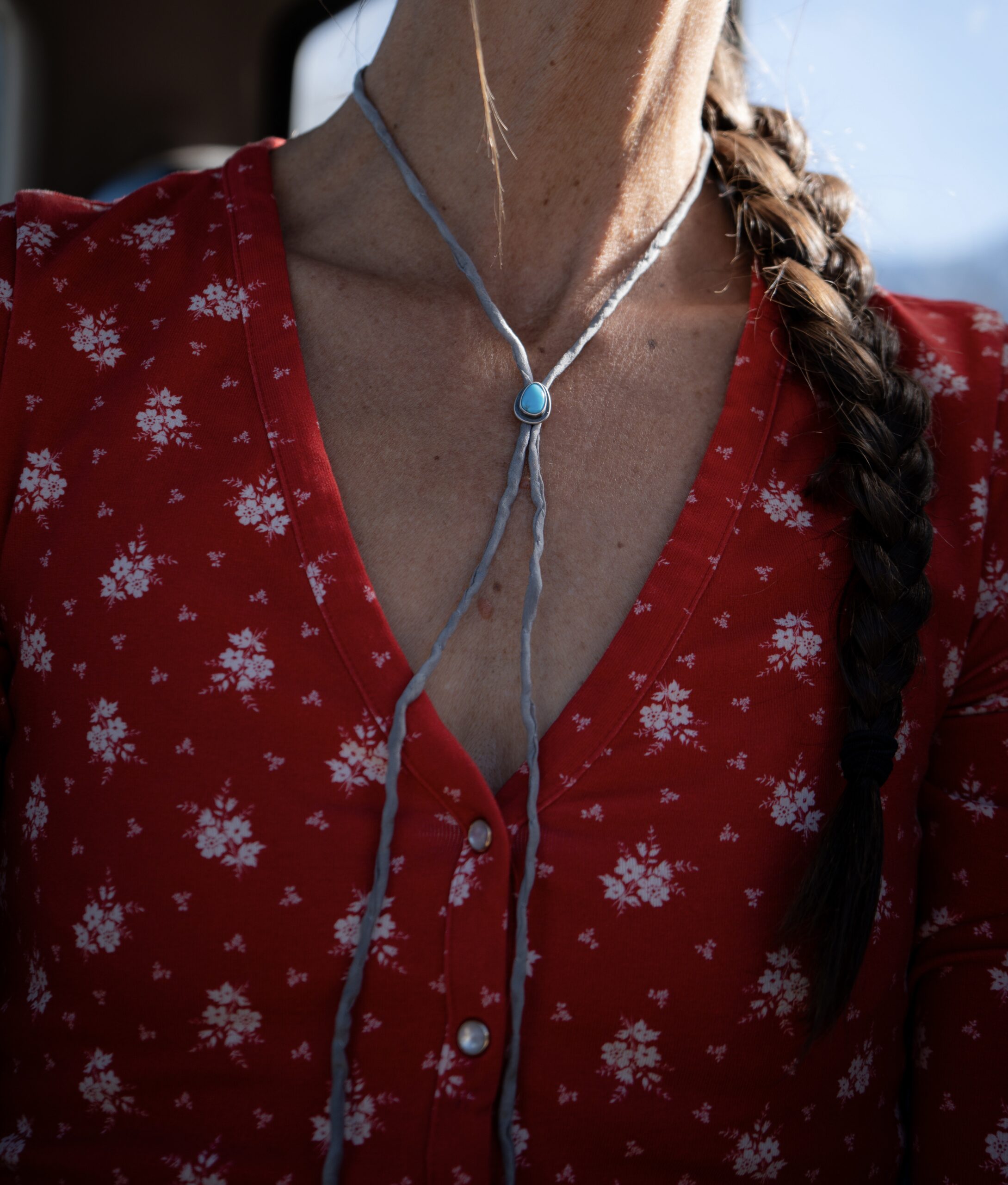 Lone Mountain Turquoise Bolo on a Gray Silk Cord - Image 5